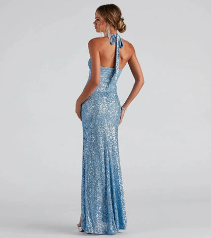 Evening Dresses - Sequin Halter Neck Backless Evening Maxi Dress Performance Event Dress