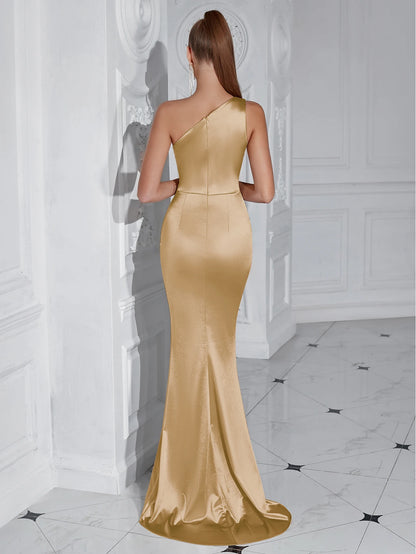 Evening Gown - Asymmetrical Siren's Silhouette Evening Gown Sweep Train Dress