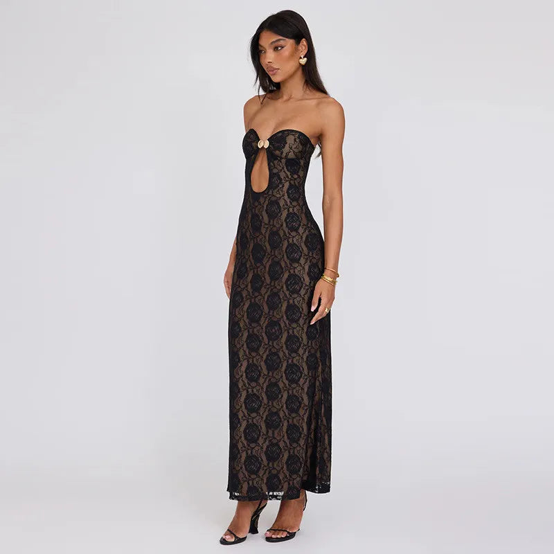 Evening Gown - Floral Lace Maxi Dress with Keyhole Detail - Elegant Fit