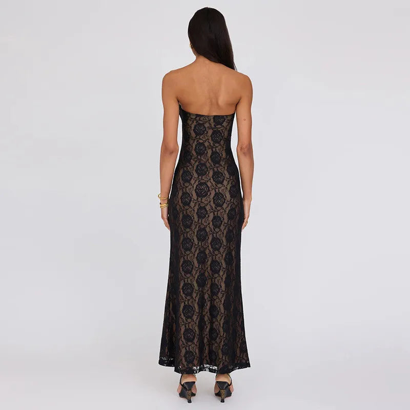 Evening Gown - Floral Lace Maxi Dress with Keyhole Detail - Elegant Fit