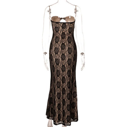 Evening Gown - Floral Lace Maxi Dress with Keyhole Detail - Elegant Fit