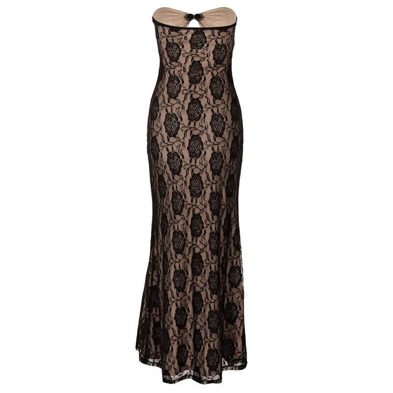 Evening Gown - Floral Lace Maxi Dress with Keyhole Detail - Elegant Fit