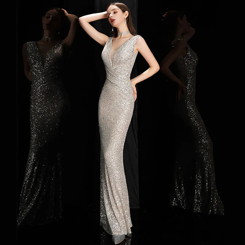 Evening Gown - Glamorous V Neck Sequin Mermaid Bodycon Maxi Dress for Evening Events ✨