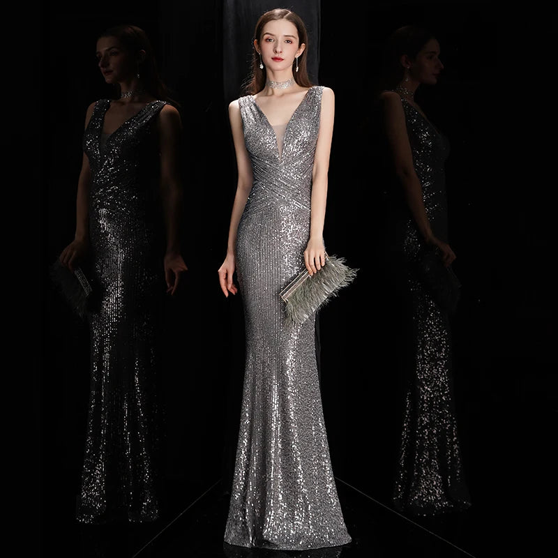 Evening Gown - Glamorous V Neck Sequin Mermaid Bodycon Maxi Dress for Evening Events ✨