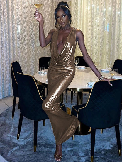 Evening Gown - Gold Bodycon Plunge Gown for Events Full Maxi Dress