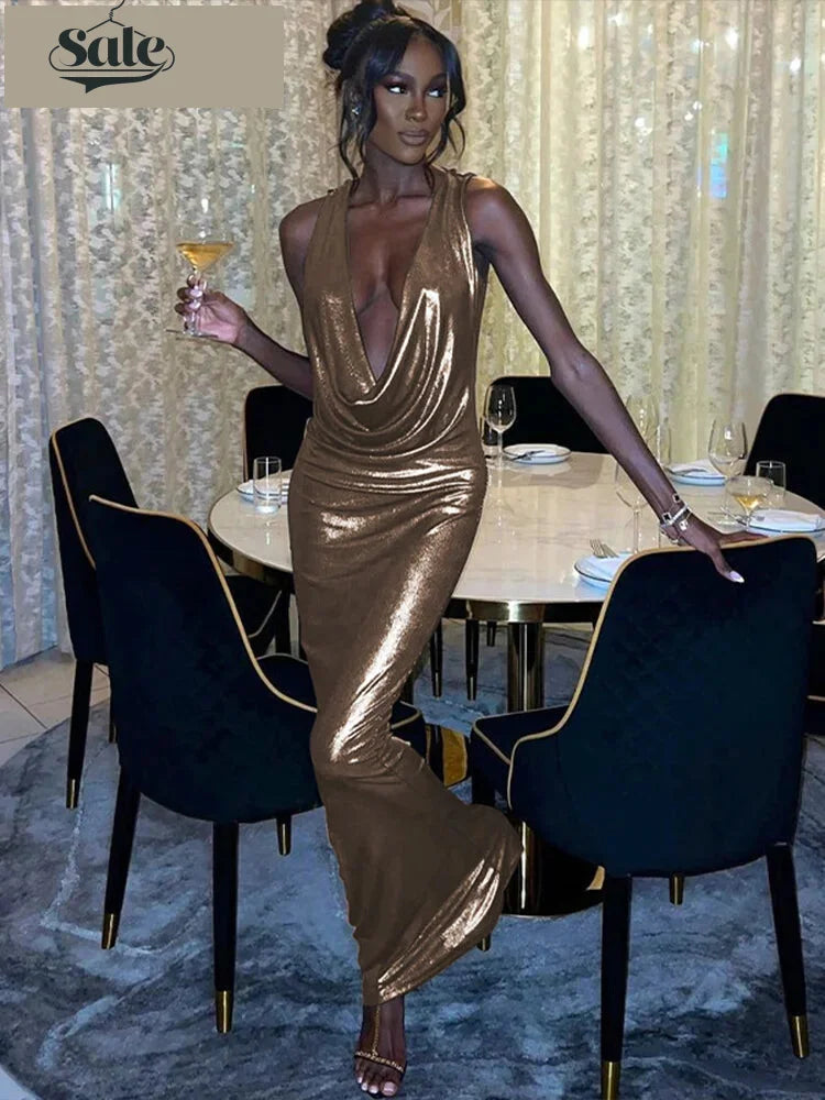 Evening Gown - Gold Bodycon Plunge Gown for Events Full Maxi Dress