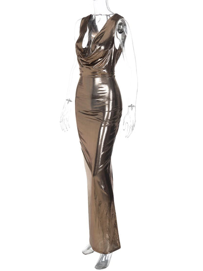 Evening Gown - Gold Bodycon Plunge Gown for Events Full Maxi Dress