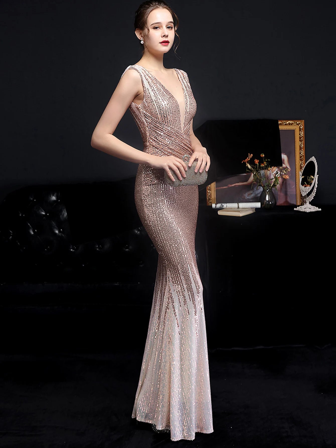 Evening Gown - Red Carpet Ready Sequin Mermaid Floor Length Dress