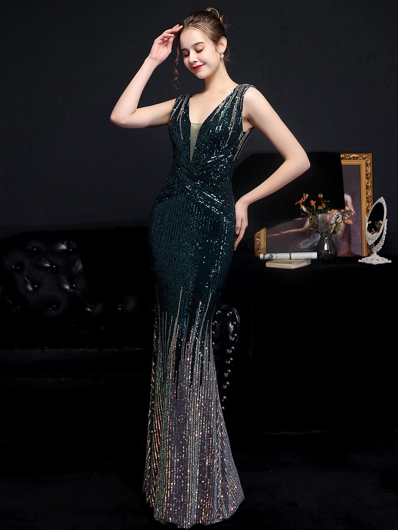 Evening Gown - Red Carpet Ready Sequin Mermaid Floor Length Dress