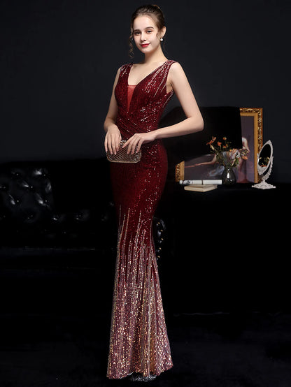 Evening Gown - Red Carpet Ready Sequin Mermaid Floor Length Dress