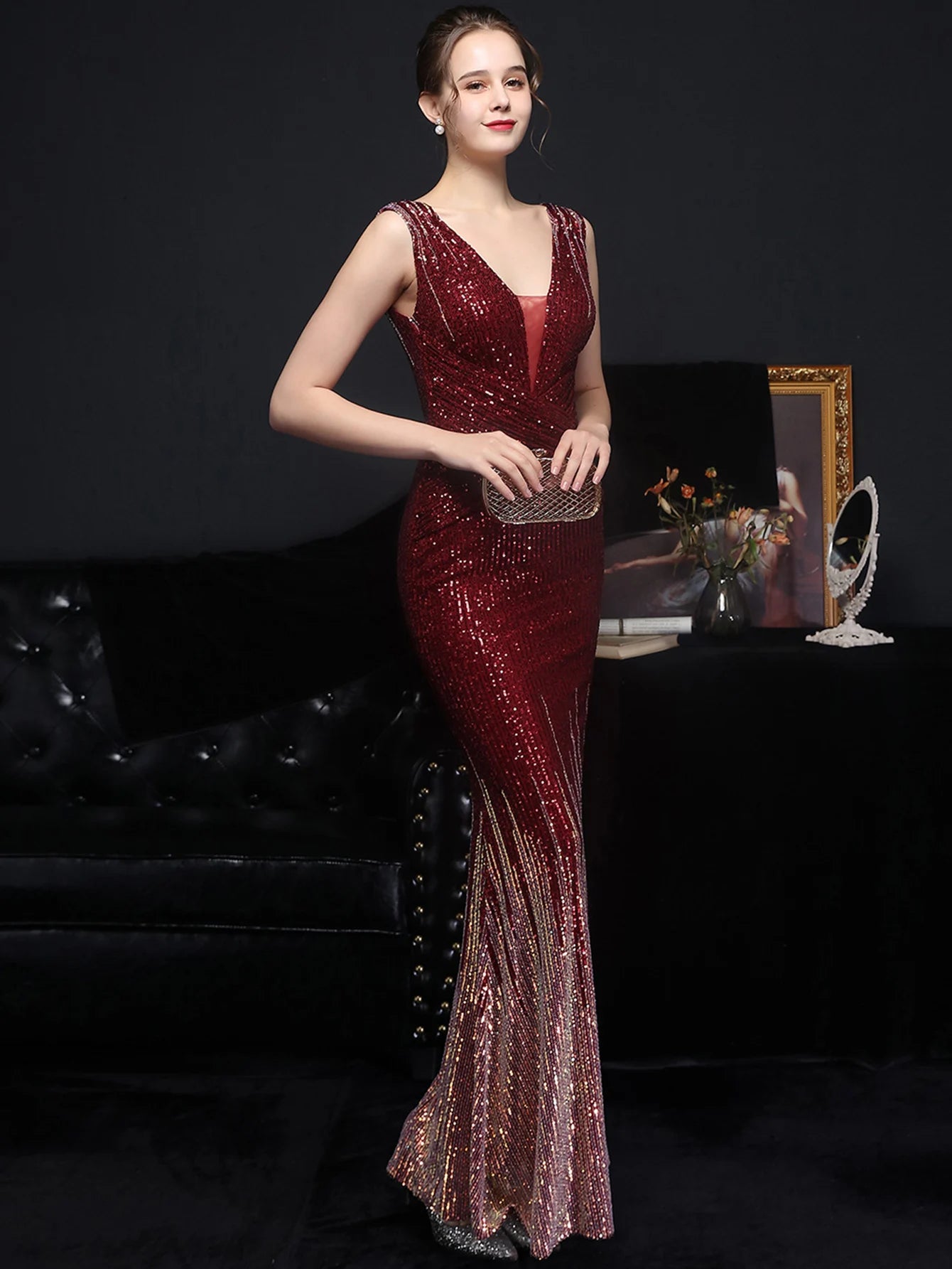 Evening Gown - Red Carpet Ready Sequin Mermaid Floor Length Dress