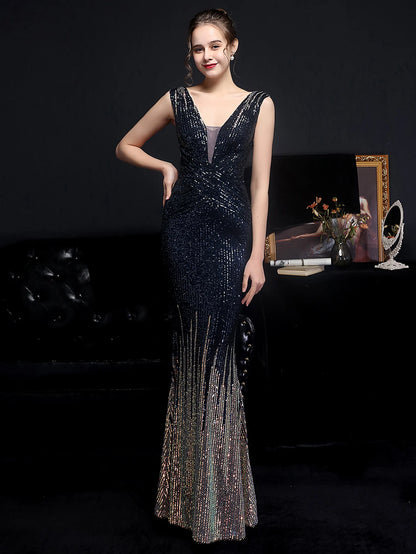 Evening Gown - Red Carpet Ready Sequin Mermaid Floor Length Dress