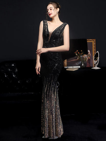 Evening Gown - Red Carpet Ready Sequin Mermaid Floor Length Dress