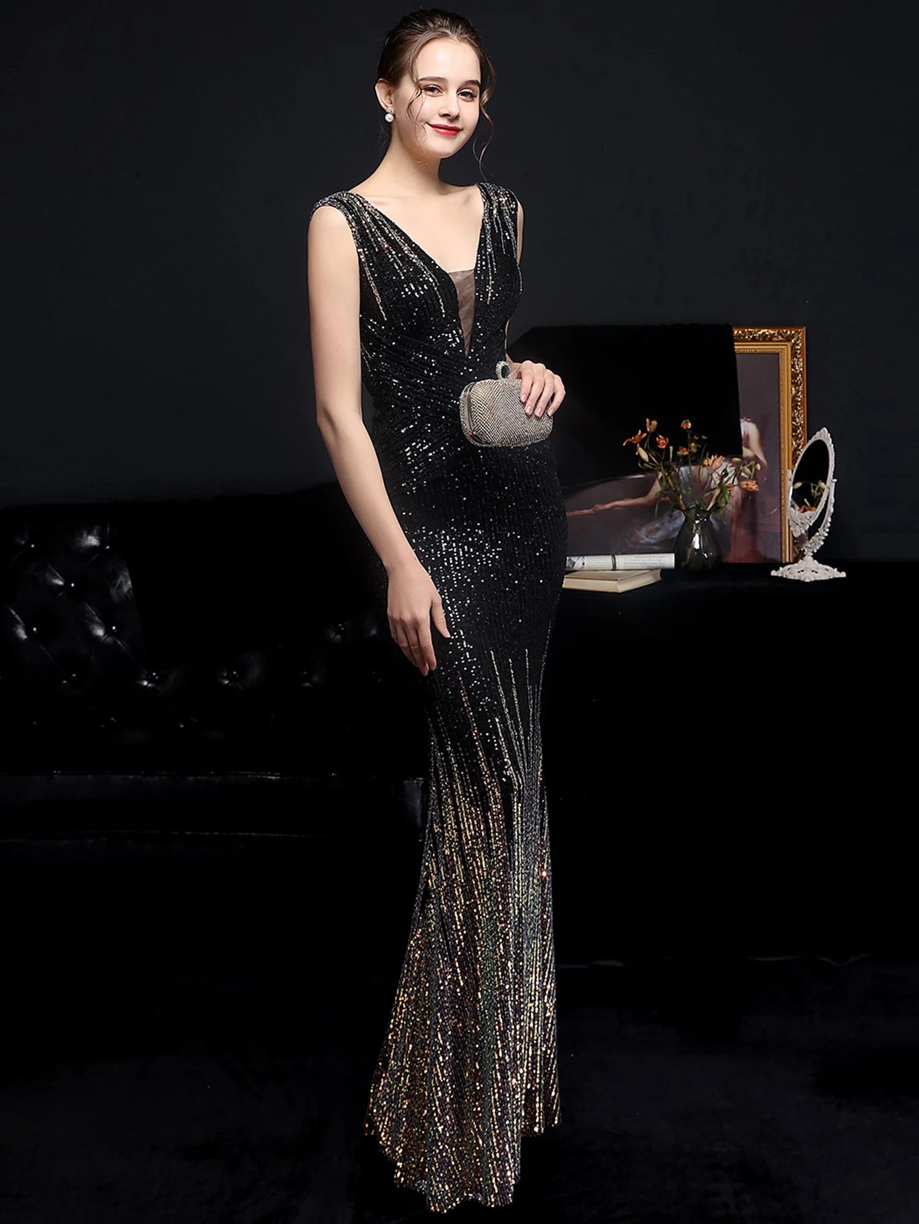 Evening Gown - Red Carpet Ready Sequin Mermaid Floor Length Dress