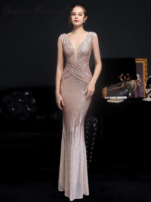 Evening Gown - Red Carpet Ready Sequin Mermaid Floor Length Dress