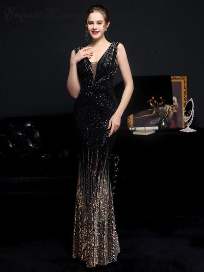 Evening Gown - Red Carpet Ready Sequin Mermaid Floor Length Dress