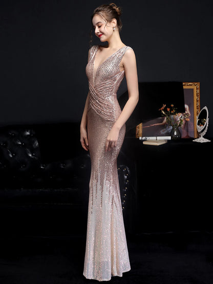 Evening Gown - Red Carpet Ready Sequin Mermaid Floor Length Dress