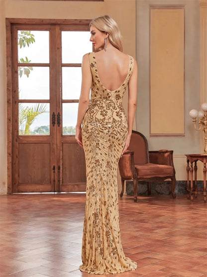 Evening Gown - Sequined Deep Ocean Backless Luxury Mermaid Maxi Dress