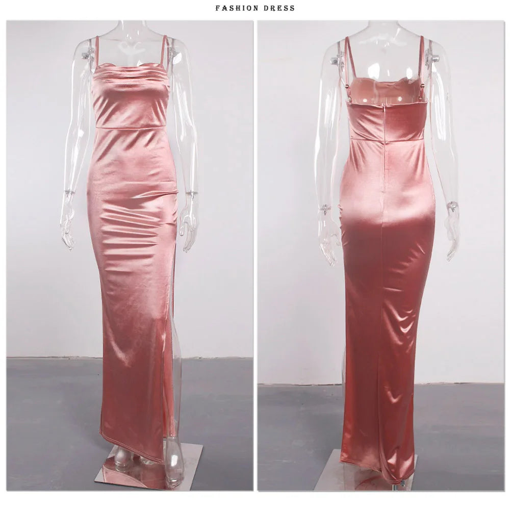 Event Dresses- Elegant Satin Split Maxi Dress - Evening Chic