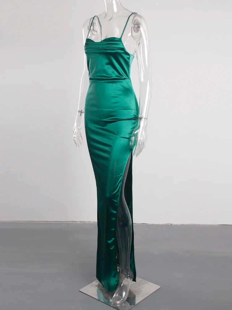 Event Dresses- Elegant Satin Split Maxi Dress - Evening Chic