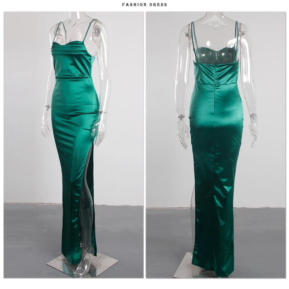 Event Dresses- Elegant Satin Split Maxi Dress - Evening Chic