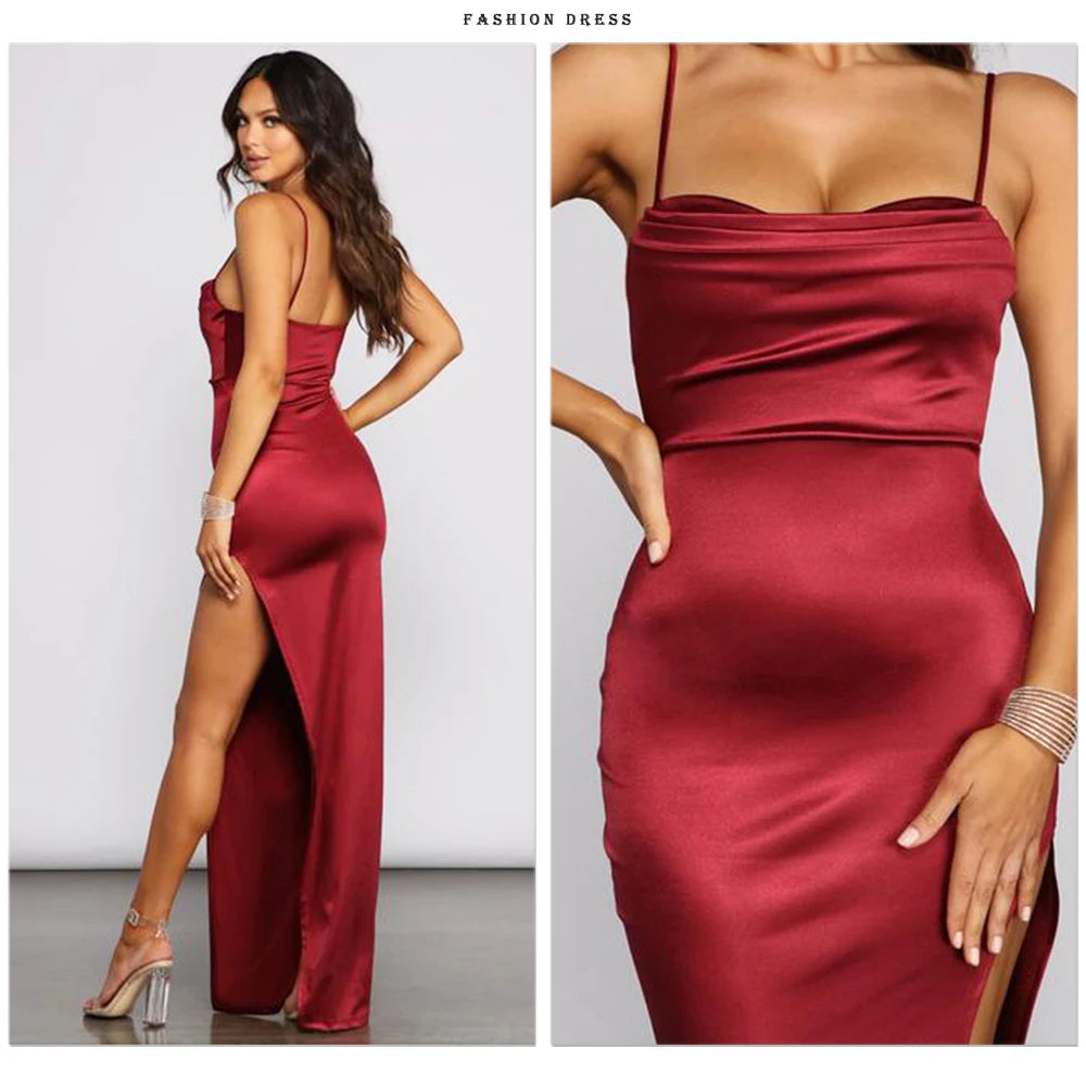 Event Dresses- Elegant Satin Split Maxi Dress - Evening Chic