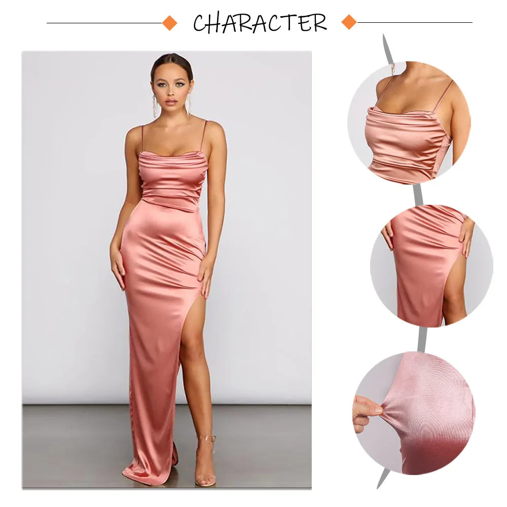 Event Dresses- Elegant Satin Split Maxi Dress - Evening Chic