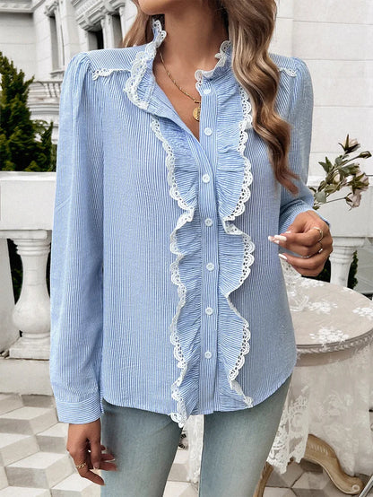 Fall Blouses- Fall Fashion Women's Striped Ruffle Button-Up Blouse- - Pekosa Women Fashion