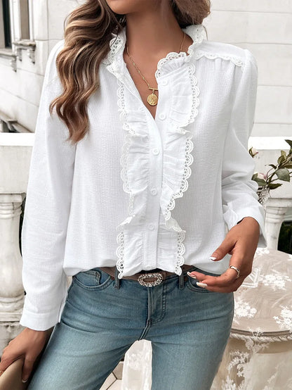 Fall Blouses- Fall Fashion Women's Striped Ruffle Button-Up Blouse- White- Pekosa Women Fashion