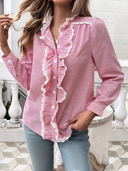 Fall Blouses- Fall Fashion Women's Striped Ruffle Button-Up Blouse- - Pekosa Women Fashion