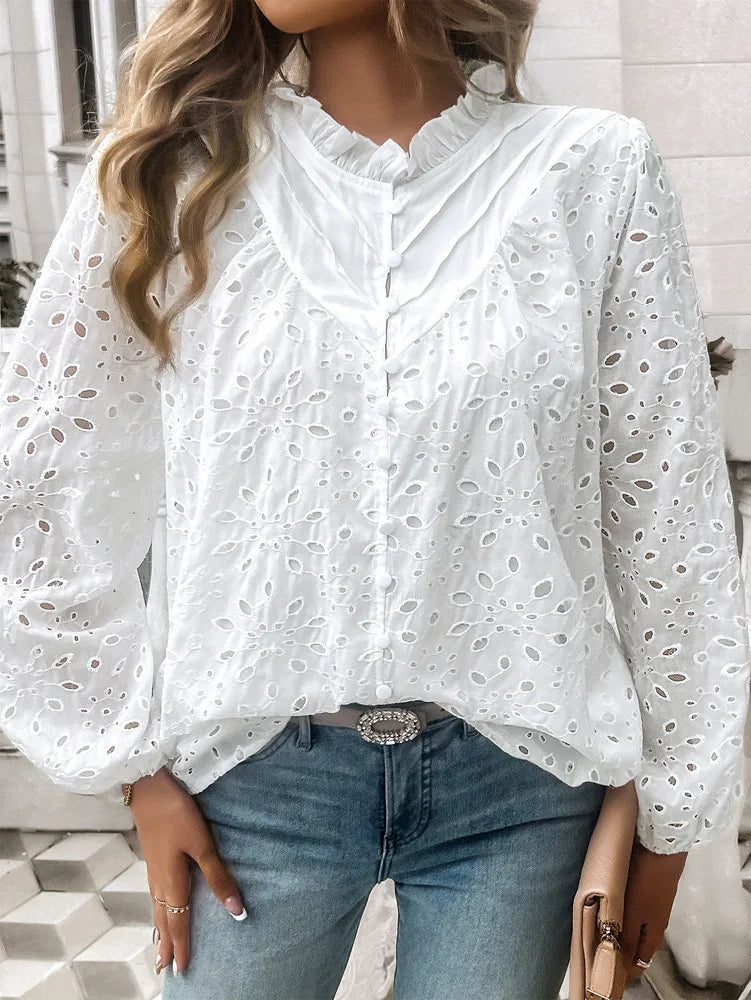 Fall Blouses- Fall Women's Textured Eyelet Blouse with Lantern Sleeves- White- Pekosa Women Fashion