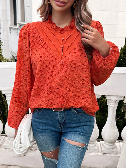 Fall Blouses- Fall Women's Textured Eyelet Blouse with Lantern Sleeves- Orange- Pekosa Women Fashion