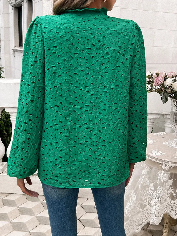 Fall Blouses- Fall Women's Textured Eyelet Blouse with Lantern Sleeves- - Pekosa Women Fashion