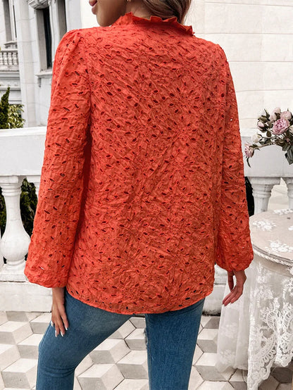 Fall Blouses- Fall Women's Textured Eyelet Blouse with Lantern Sleeves- - Pekosa Women Fashion