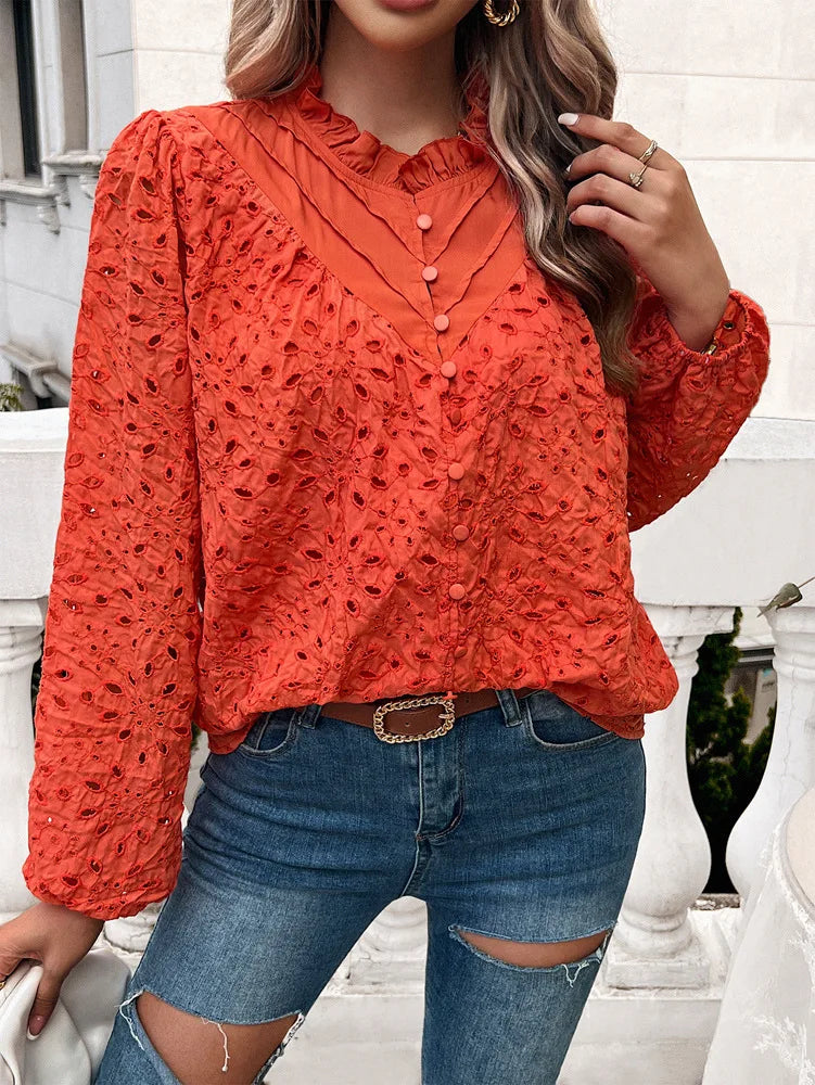 Fall Blouses- Fall Women's Textured Eyelet Blouse with Lantern Sleeves- - Pekosa Women Fashion