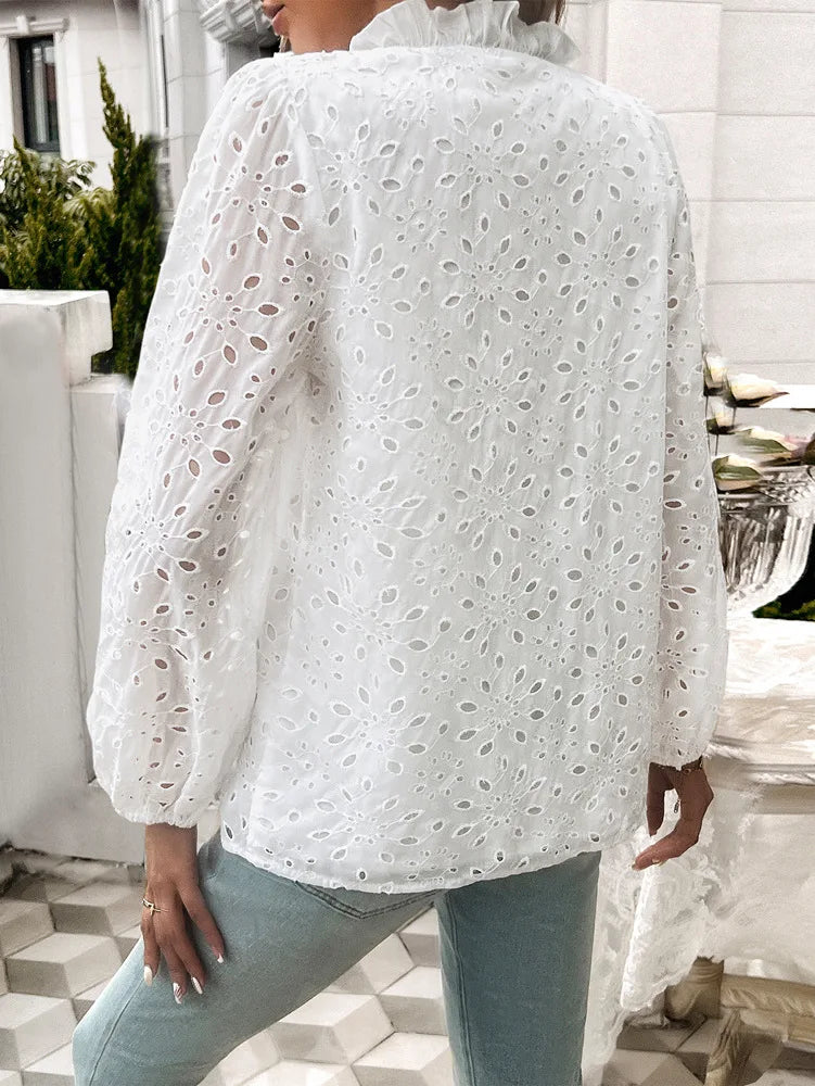 Fall Blouses- Fall Women's Textured Eyelet Blouse with Lantern Sleeves- - Pekosa Women Fashion