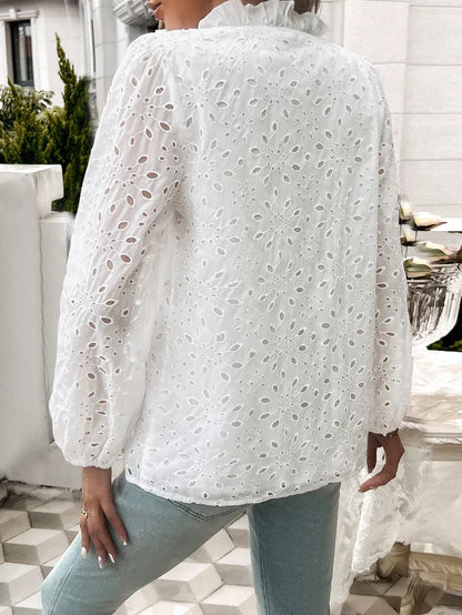 Fall Blouses- Fall Women's Textured Eyelet Blouse with Lantern Sleeves- - Pekosa Women Fashion