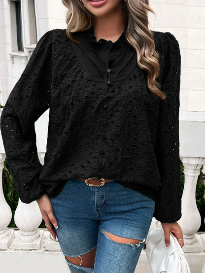 Fall Blouses- Fall Women's Textured Eyelet Blouse with Lantern Sleeves- Black- Pekosa Women Fashion