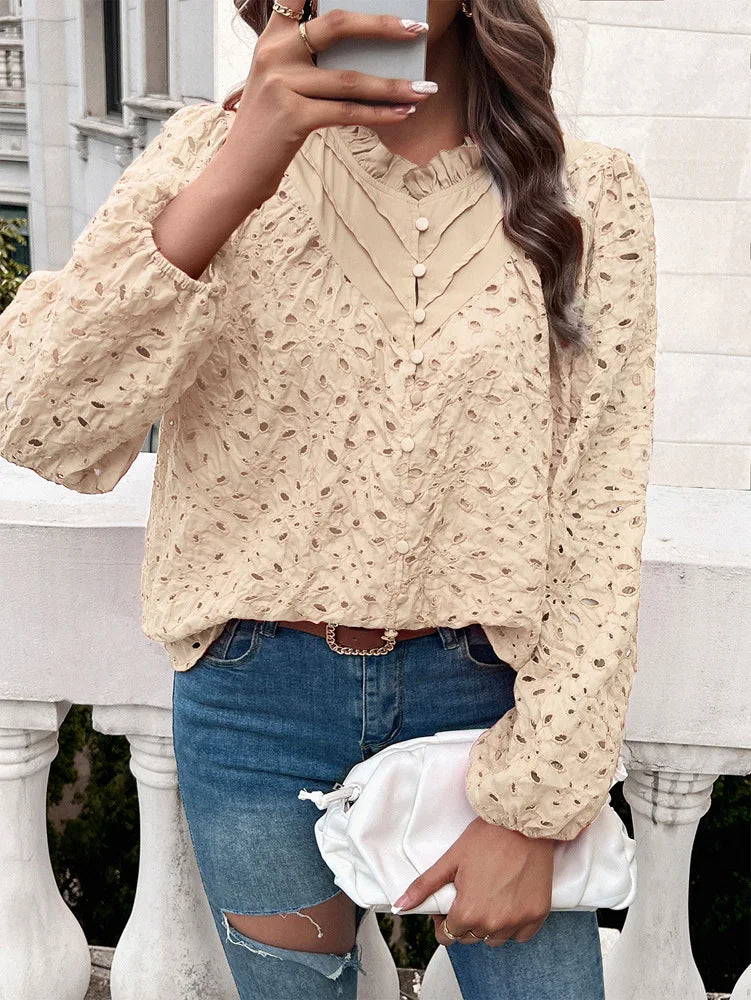 Fall Blouses- Fall Women's Textured Eyelet Blouse with Lantern Sleeves- - Pekosa Women Fashion