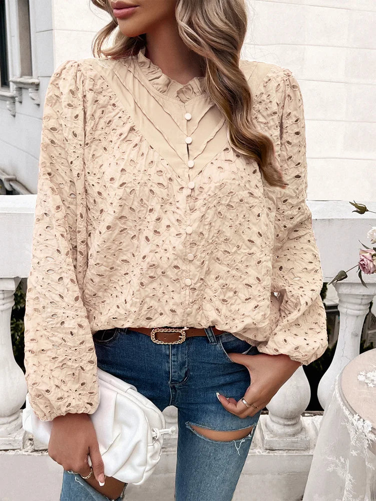 Fall Blouses- Fall Women's Textured Eyelet Blouse with Lantern Sleeves- Apricot- Pekosa Women Fashion