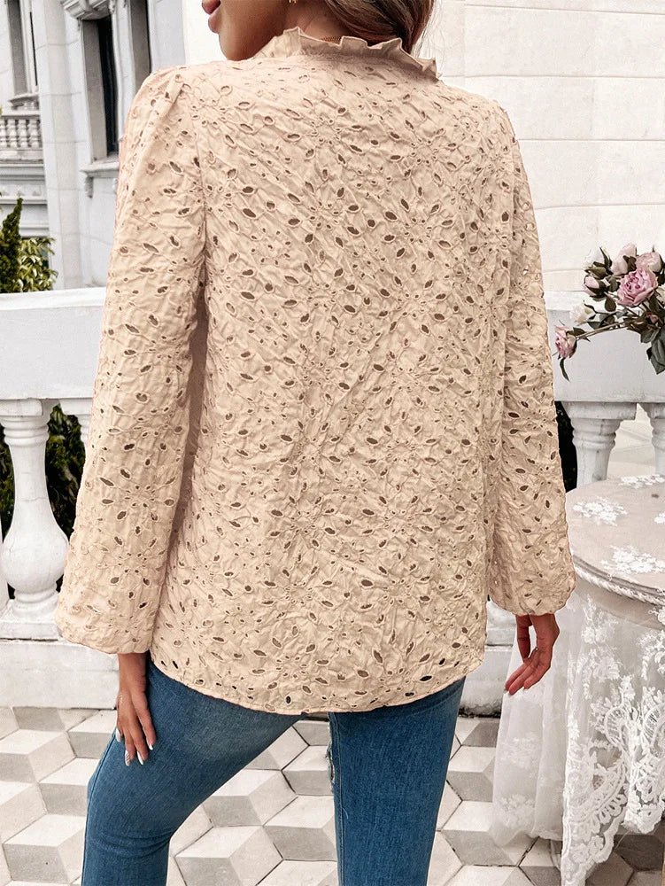 Fall Blouses- Fall Women's Textured Eyelet Blouse with Lantern Sleeves- - Pekosa Women Fashion