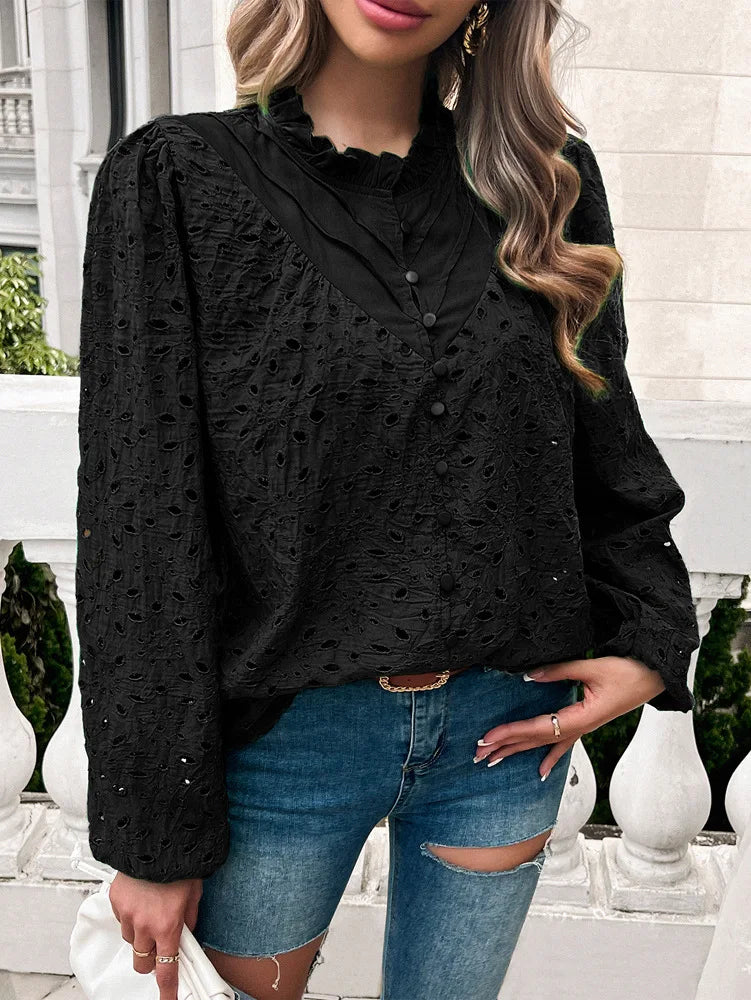 Fall Blouses- Fall Women's Textured Eyelet Blouse with Lantern Sleeves- - Pekosa Women Fashion