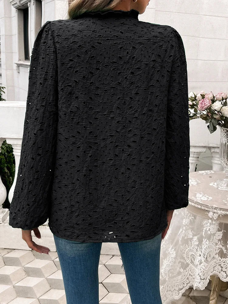 Fall Blouses- Fall Women's Textured Eyelet Blouse with Lantern Sleeves- - Pekosa Women Fashion