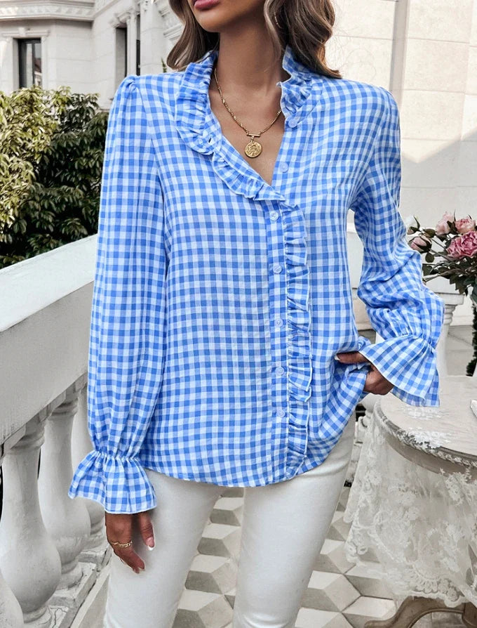 Fall Blouses- Gingham Ruffle Long Sleeve Button-Up Blouse for Everyday Elegance- Blue- Pekosa Women Fashion