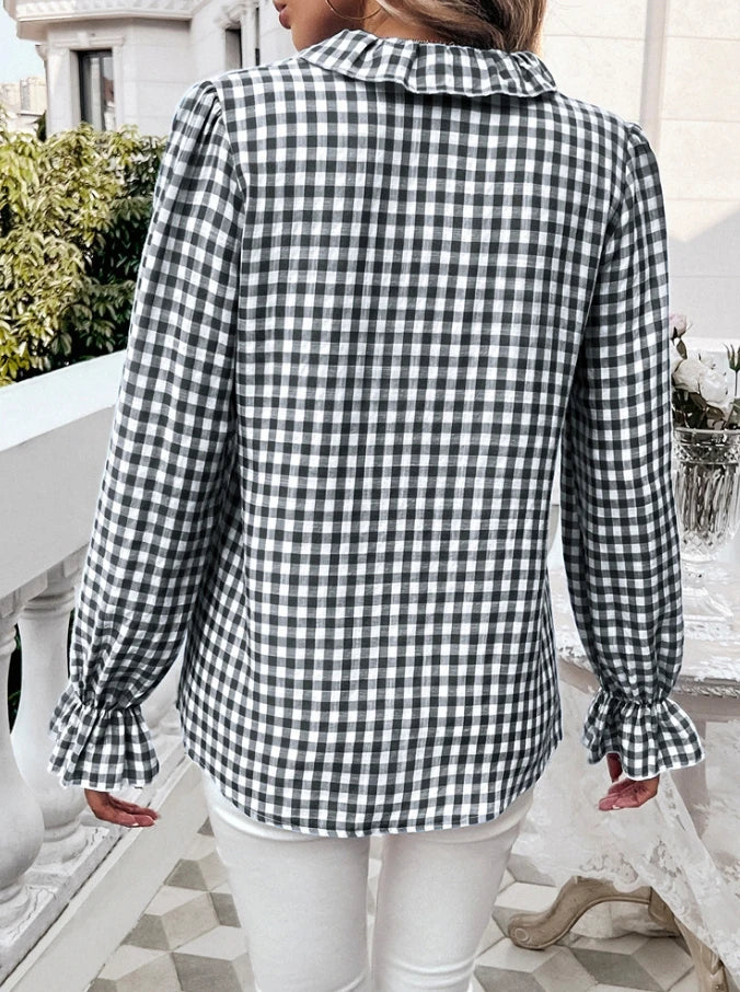 Fall Blouses- Gingham Ruffle Long Sleeve Button-Up Blouse for Everyday Elegance- - Pekosa Women Fashion