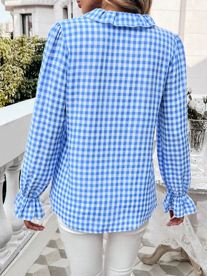 Fall Blouses- Gingham Ruffle Long Sleeve Button-Up Blouse for Everyday Elegance- - Pekosa Women Fashion