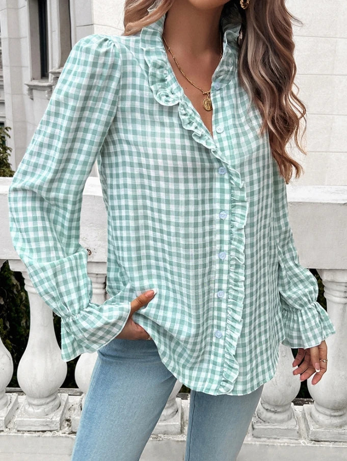 Fall Blouses- Gingham Ruffle Long Sleeve Button-Up Blouse for Everyday Elegance- Green- Pekosa Women Fashion