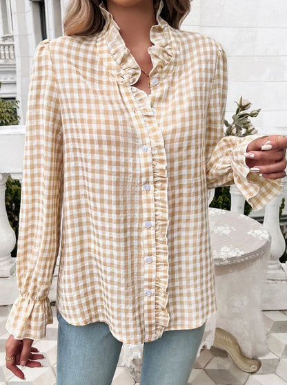 Fall Blouses- Gingham Ruffle Long Sleeve Button-Up Blouse for Everyday Elegance- Apricot- Pekosa Women Fashion