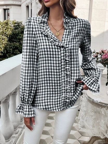 Fall Blouses- Gingham Ruffle Long Sleeve Button-Up Blouse for Everyday Elegance- Black- Pekosa Women Fashion