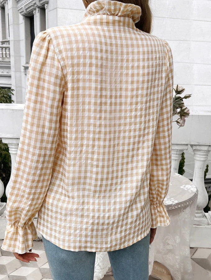 Fall Blouses- Gingham Ruffle Long Sleeve Button-Up Blouse for Everyday Elegance- - Pekosa Women Fashion